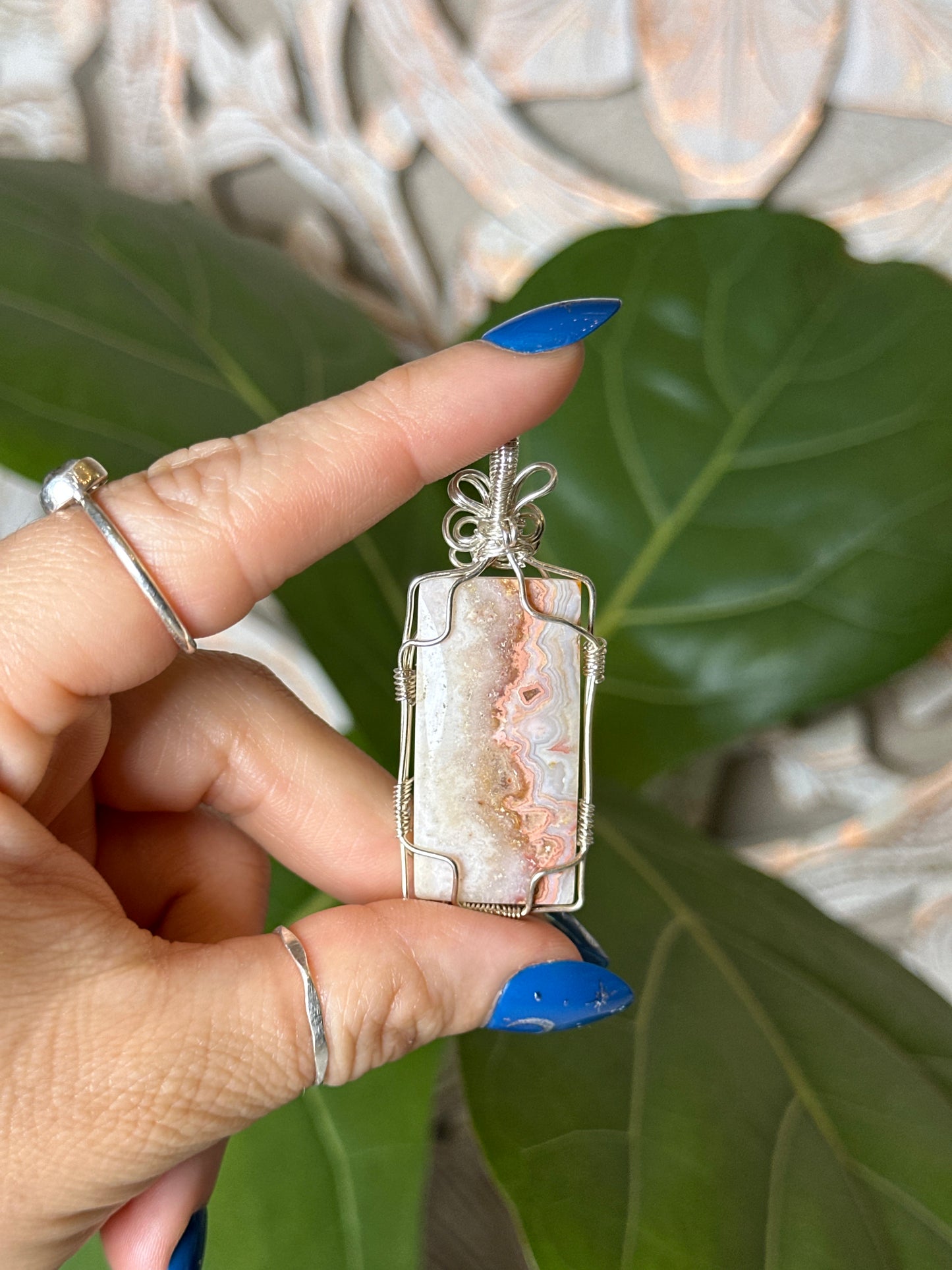 Crazy Lace Agate Rectangular Wire Wrapped Necklace
