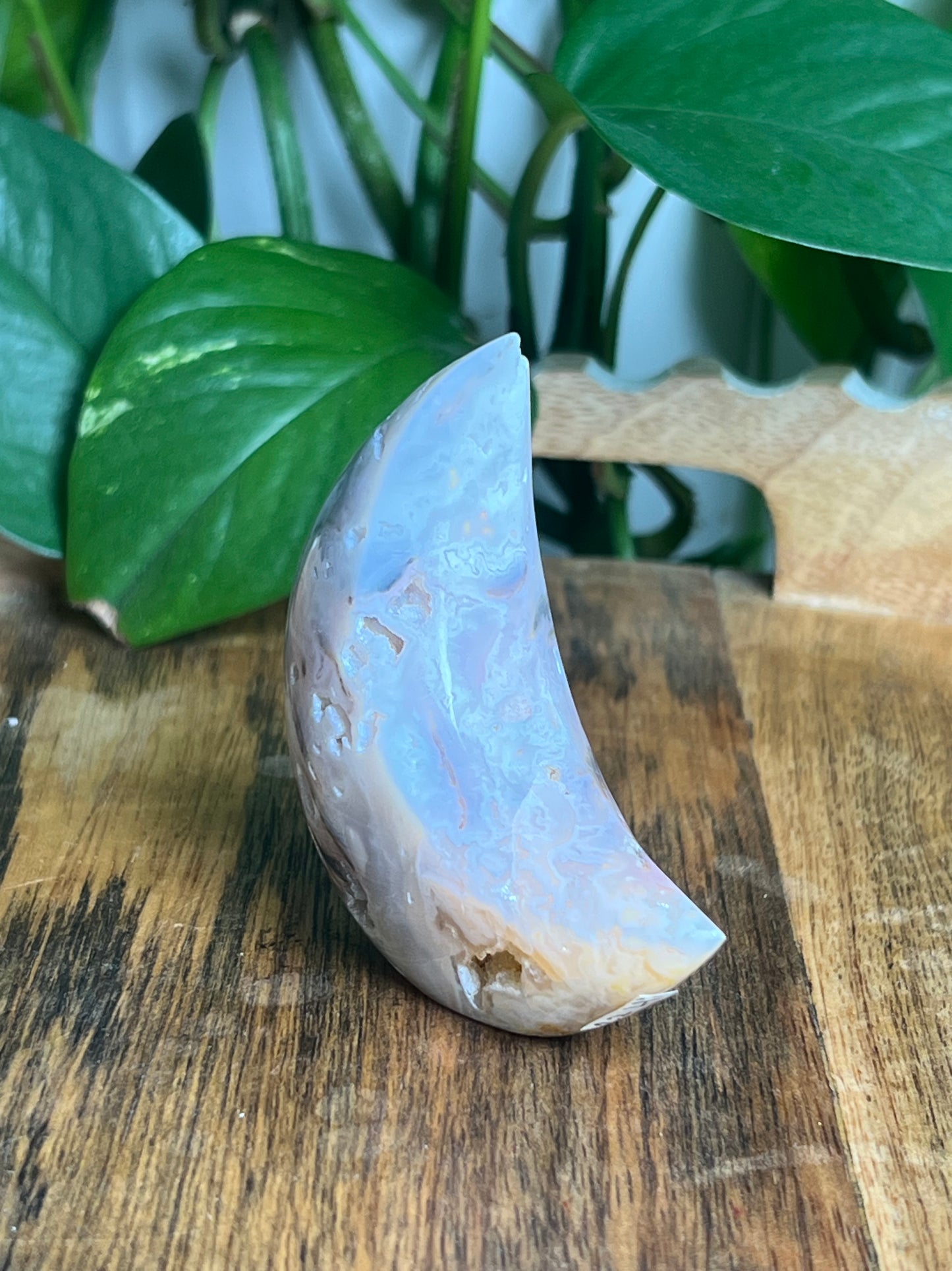 Rainbow Plume Agate Self-Standing Moon: Hi