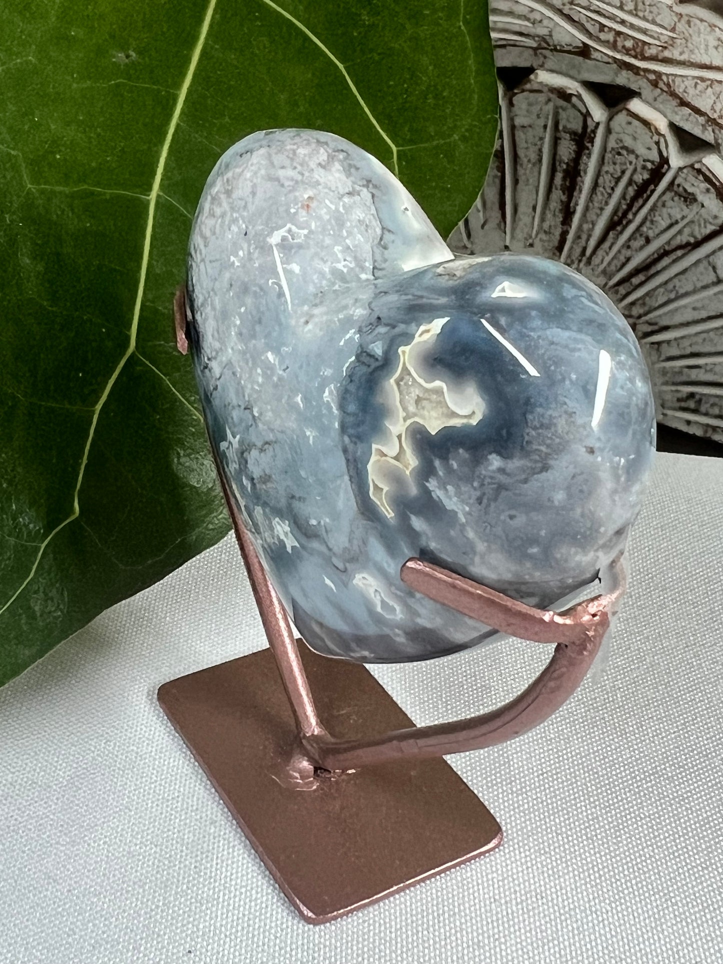 Blue plume agate heart