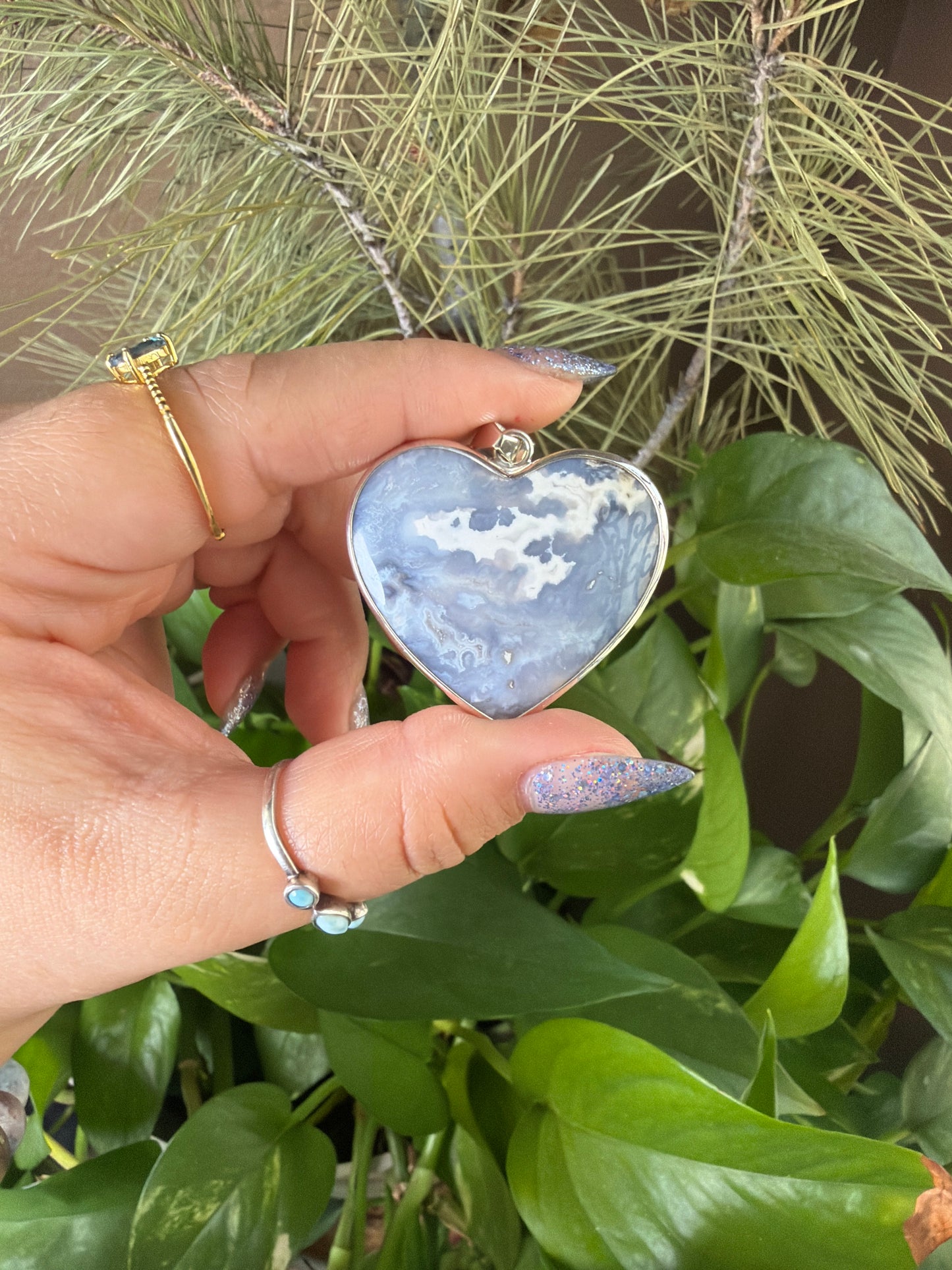 Blue Plume Agate Heart Necklace
