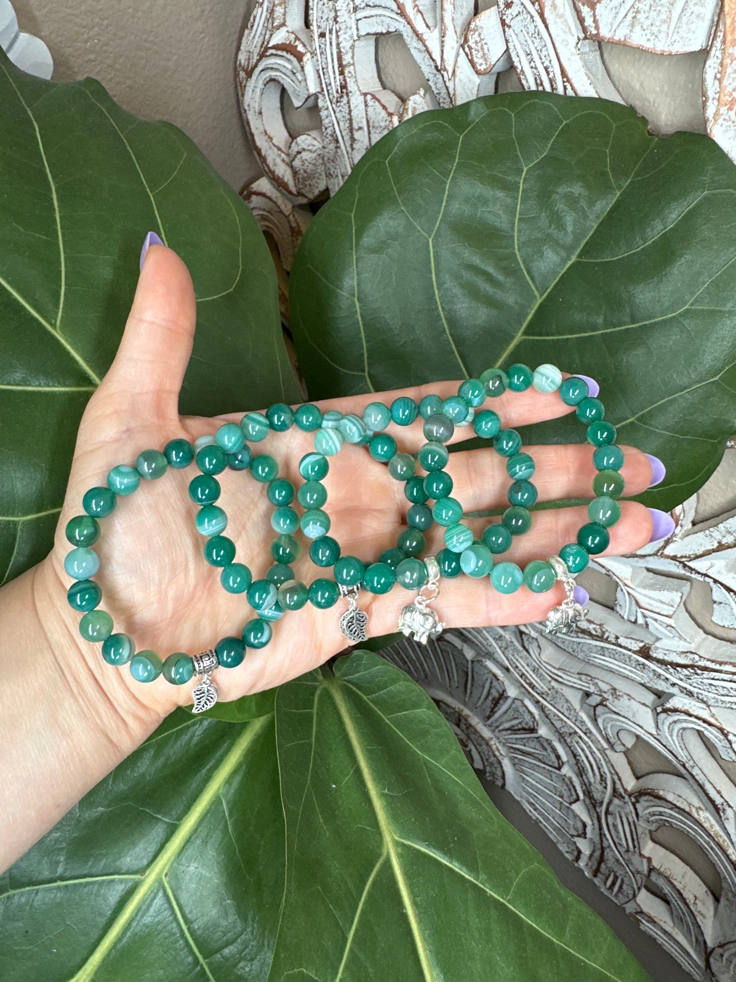 Green Agate Beaded Bracelet + Silver Charm (8mm)
