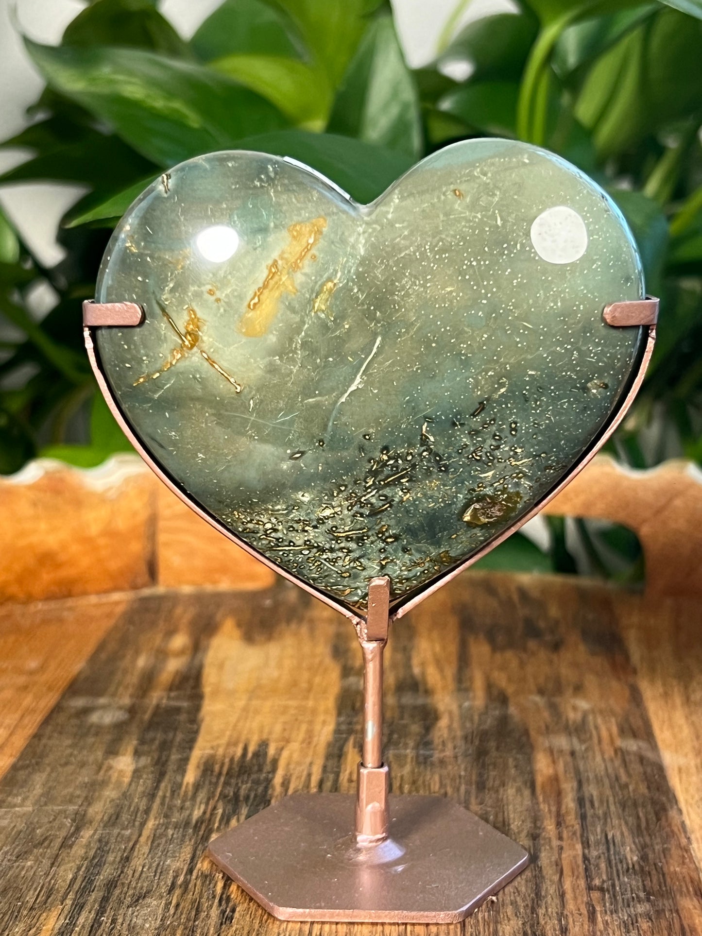 Blue Green Jasper On Metal Stand Puffy Hearts