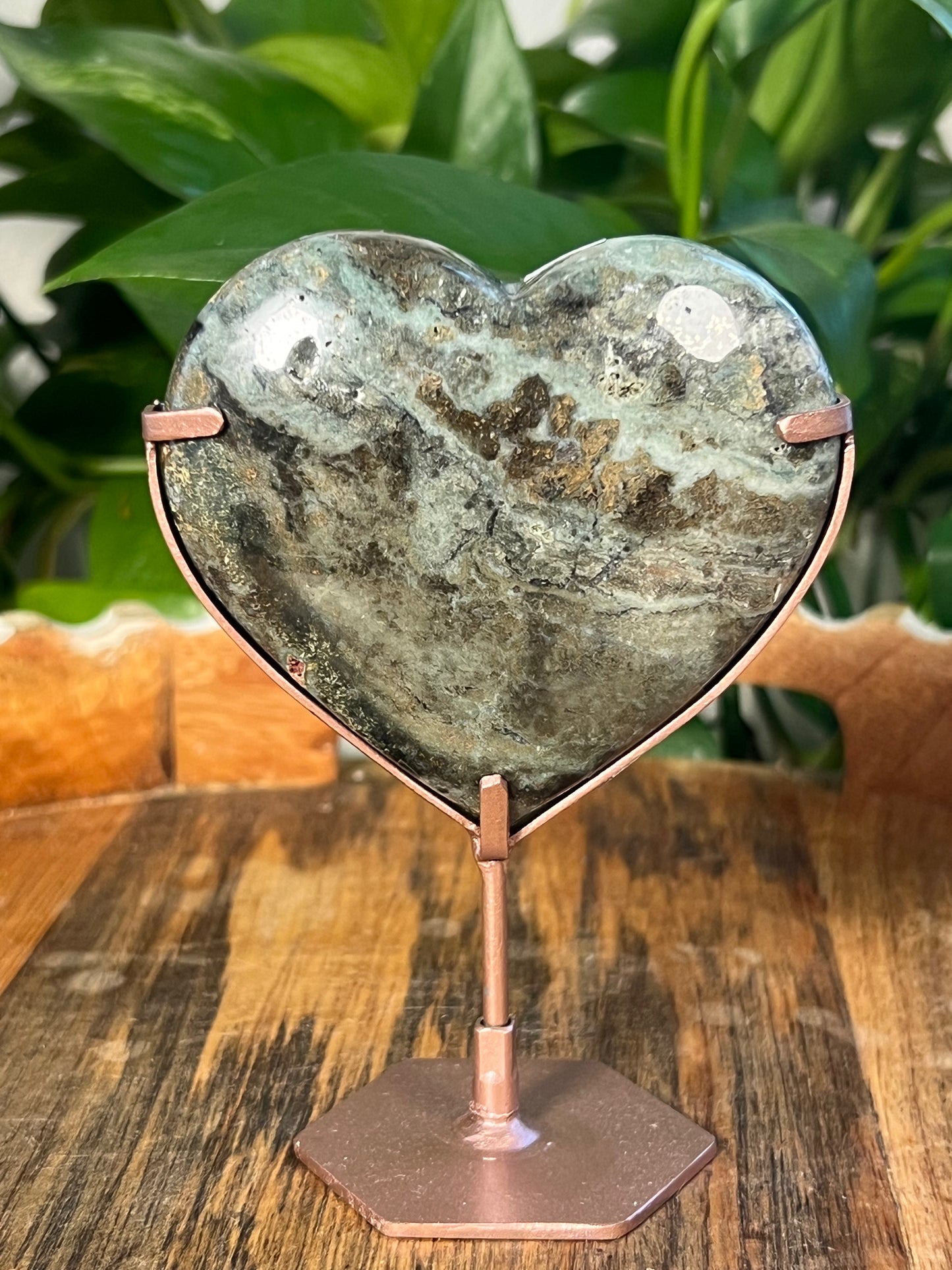 Blue Green Jasper On Metal Stand Puffy Hearts