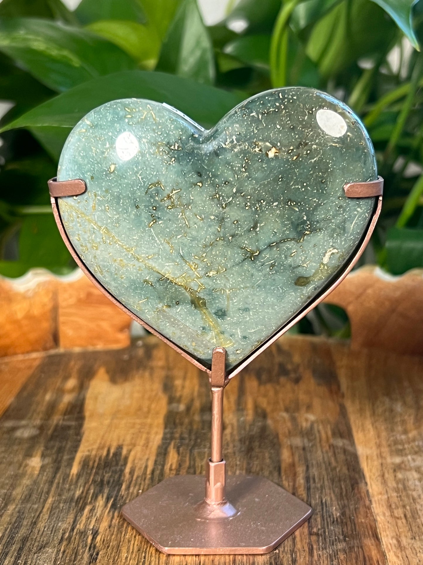 Blue Green Jasper On Metal Stand Puffy Hearts