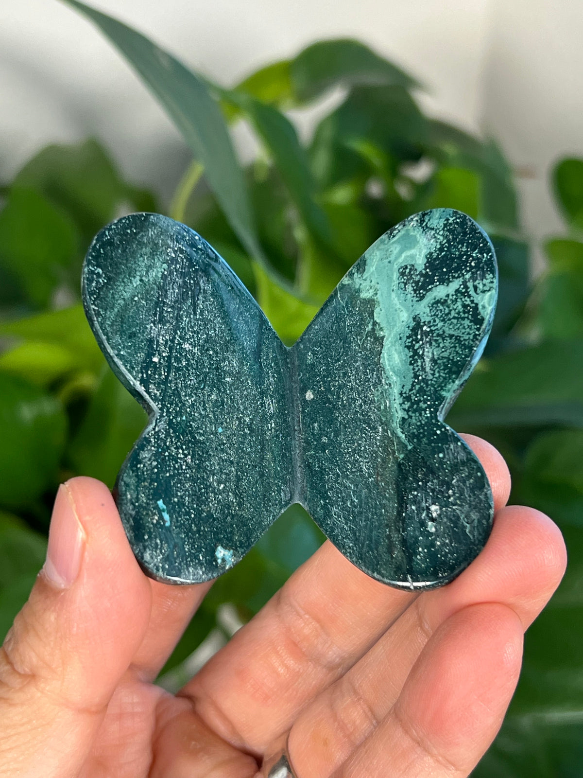 Blue Green Jasper 3D Heart Butterflies