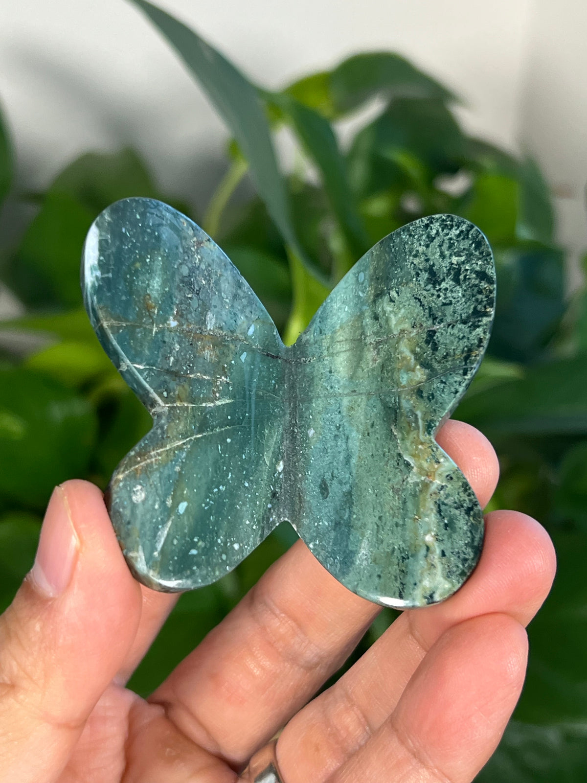 Blue Green Jasper 3D Heart Butterflies