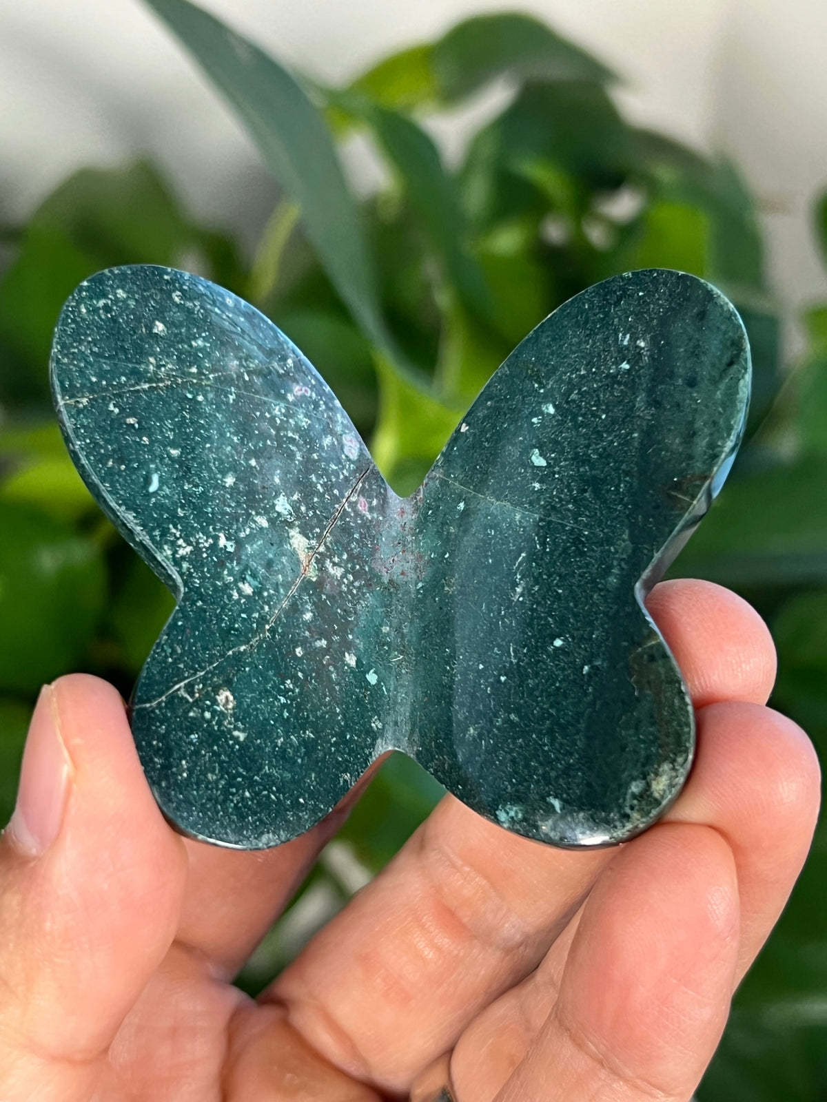 Blue Green Jasper 3D Heart Butterflies