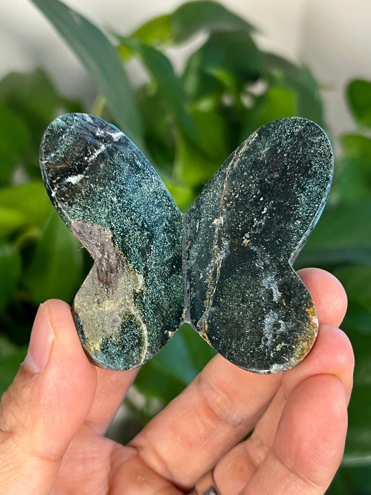Blue Green Jasper 3D Heart Butterflies