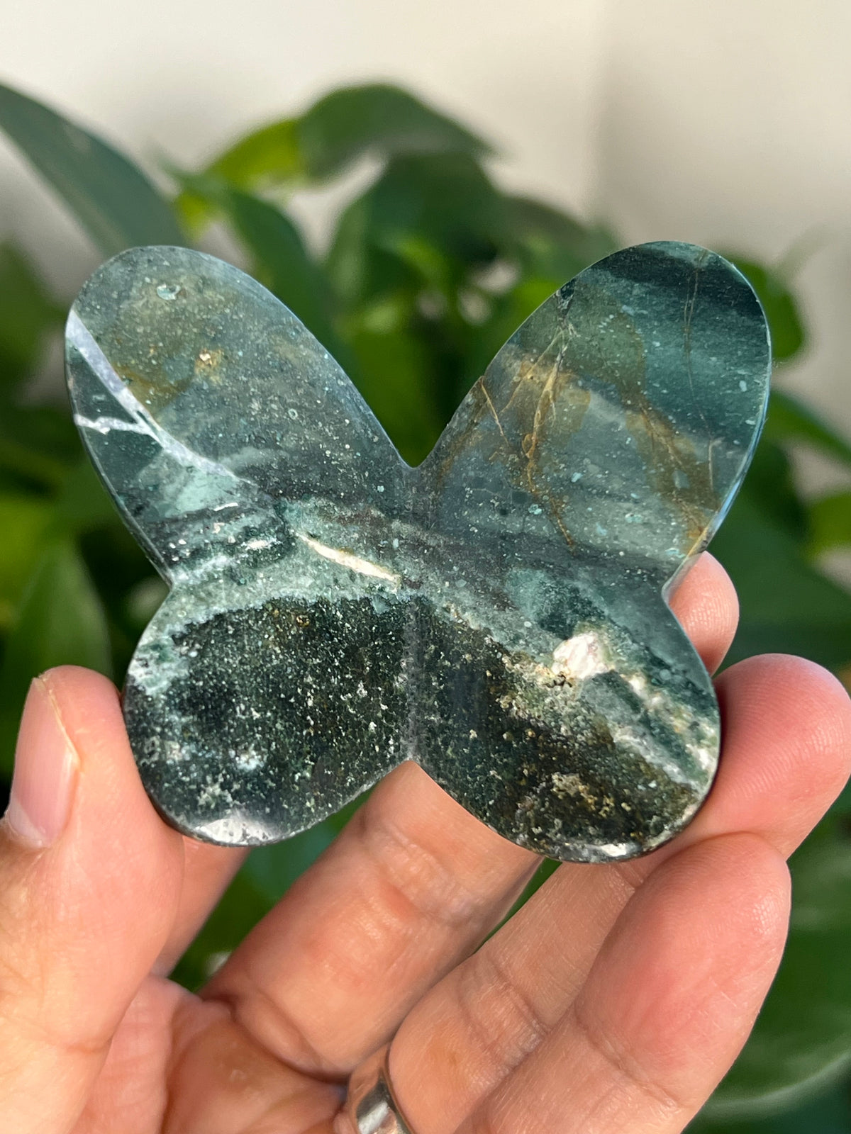 Blue Green Jasper 3D Heart Butterflies
