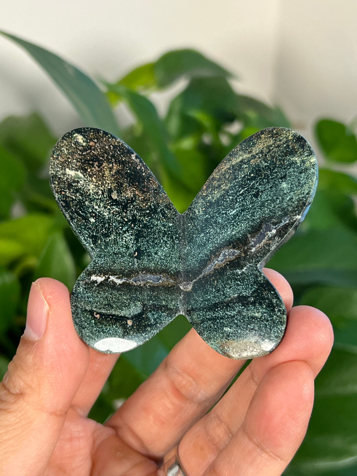Blue Green Jasper 3D Heart Butterflies