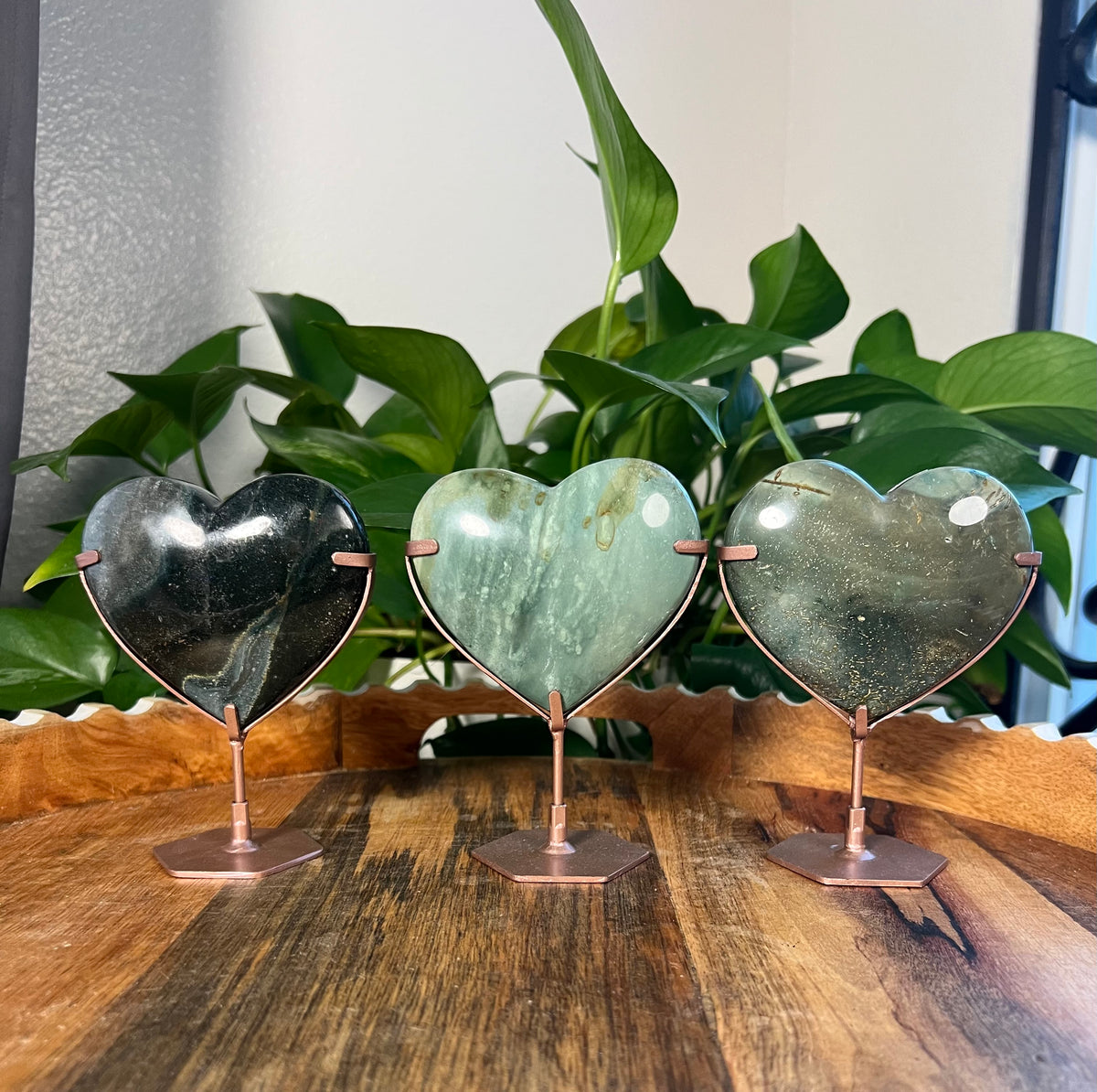 Blue Green Jasper On Metal Stand Puffy Hearts
