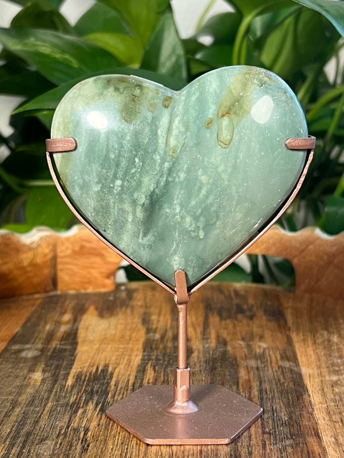 Blue Green Jasper On Metal Stand Puffy Hearts