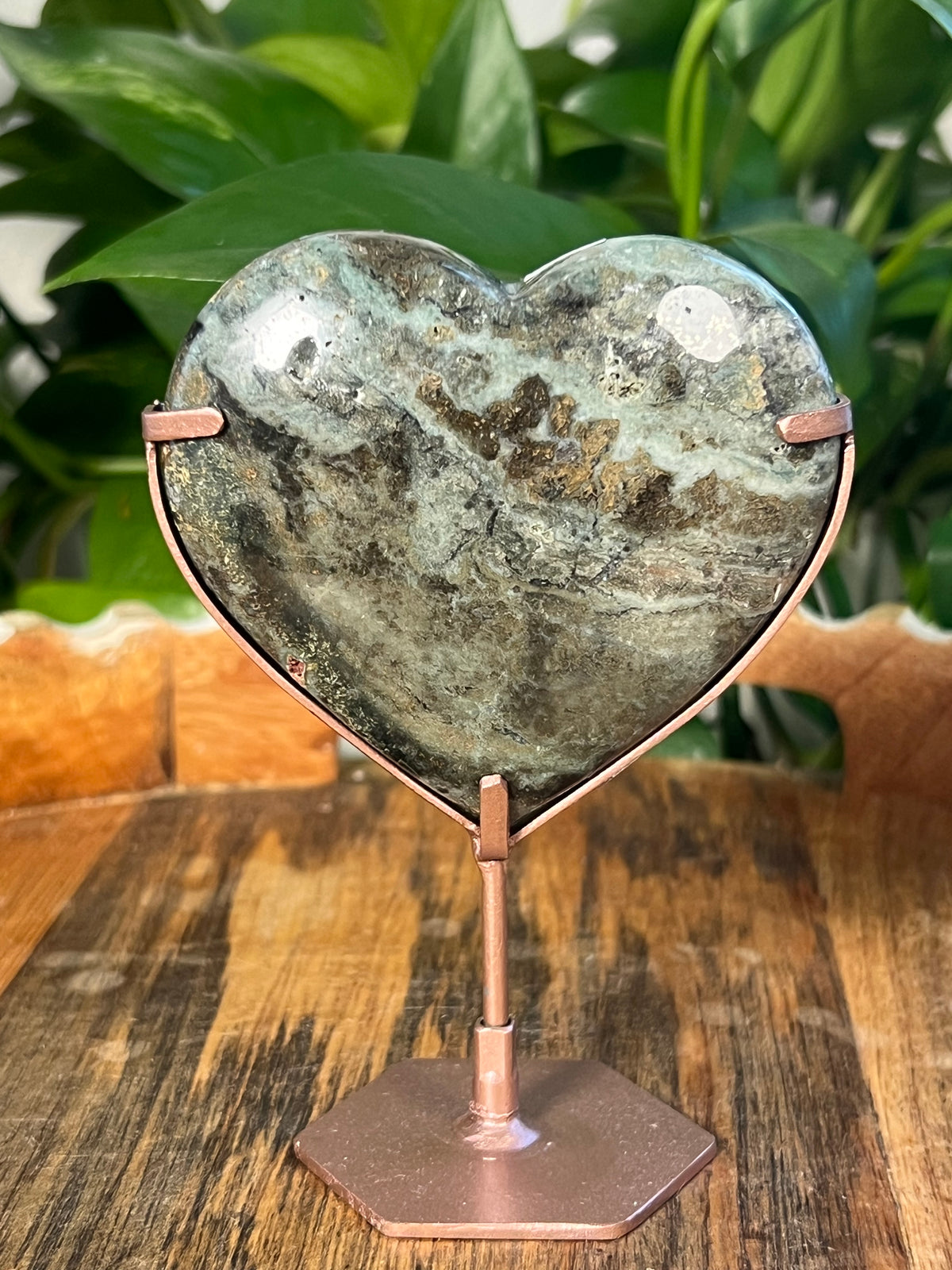 Blue Green Jasper On Metal Stand Puffy Hearts