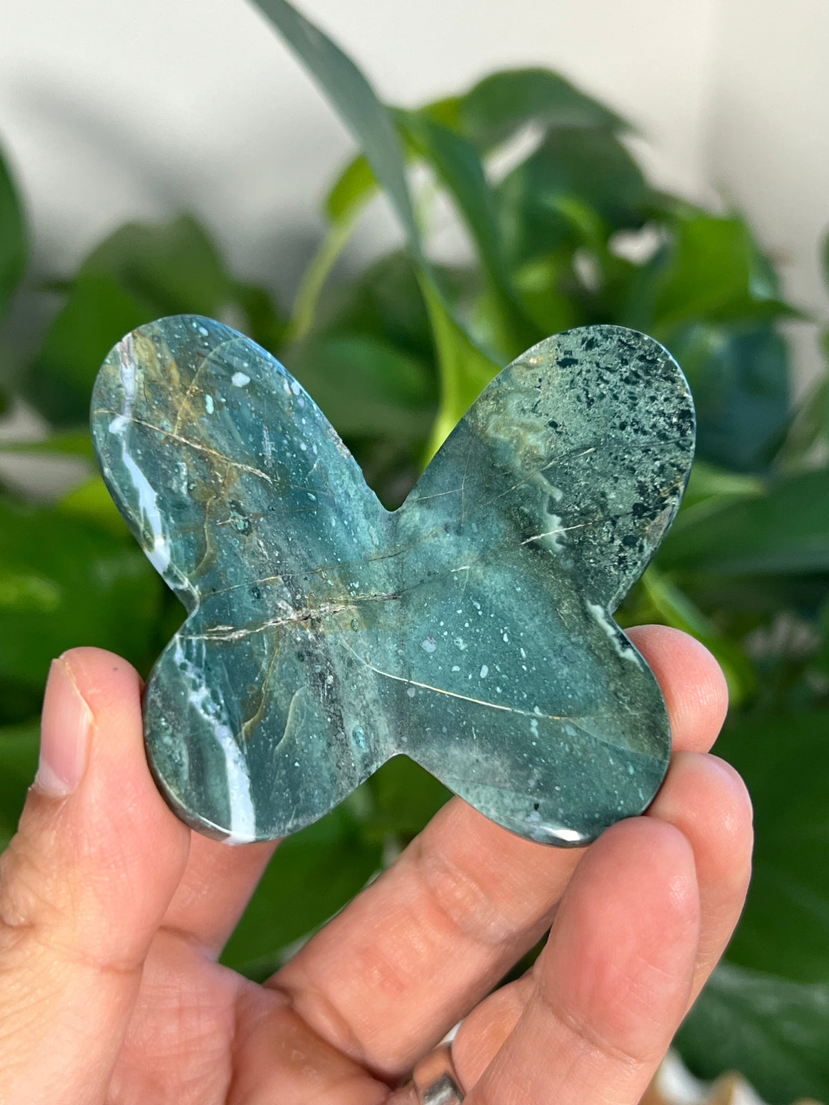 Blue Green Jasper 3D Heart Butterflies
