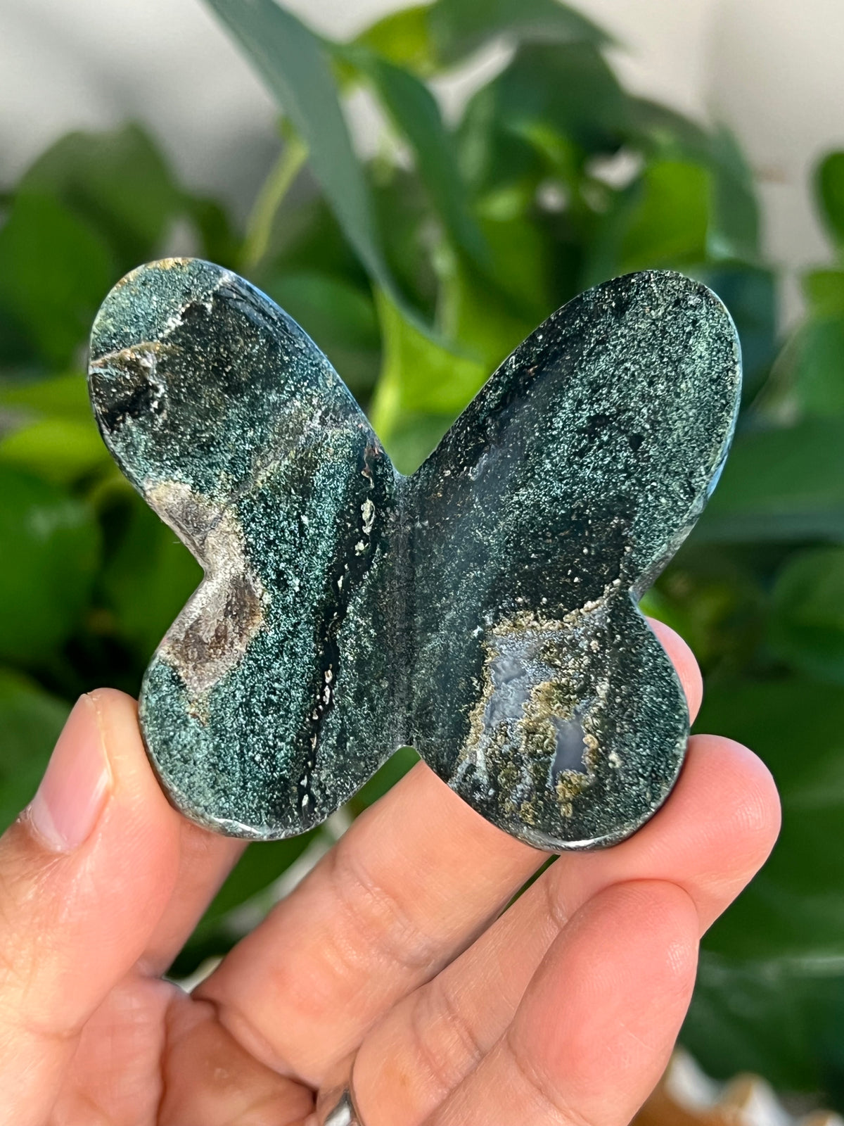 Blue Green Jasper 3D Heart Butterflies