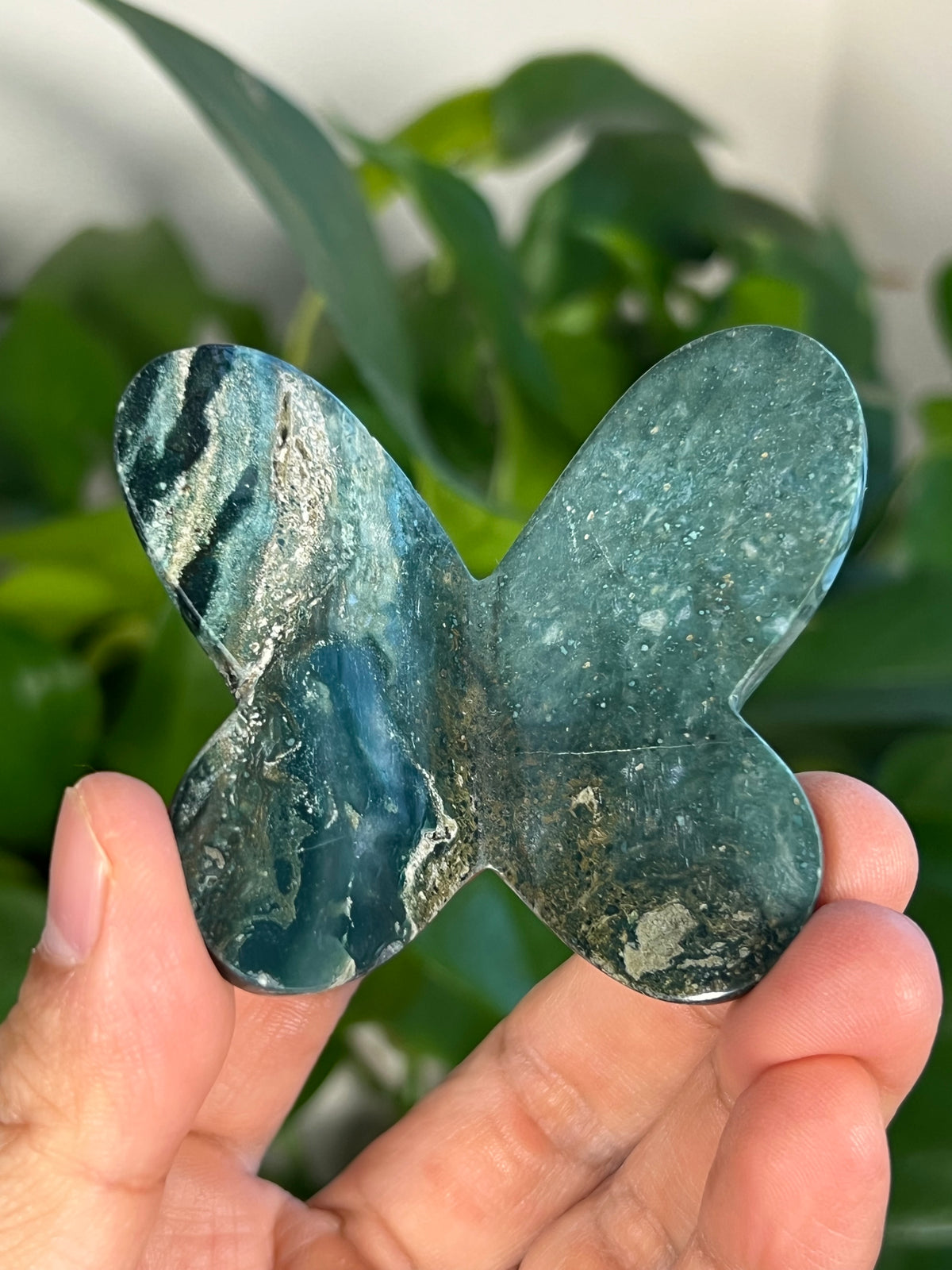 Blue Green Jasper 3D Heart Butterflies