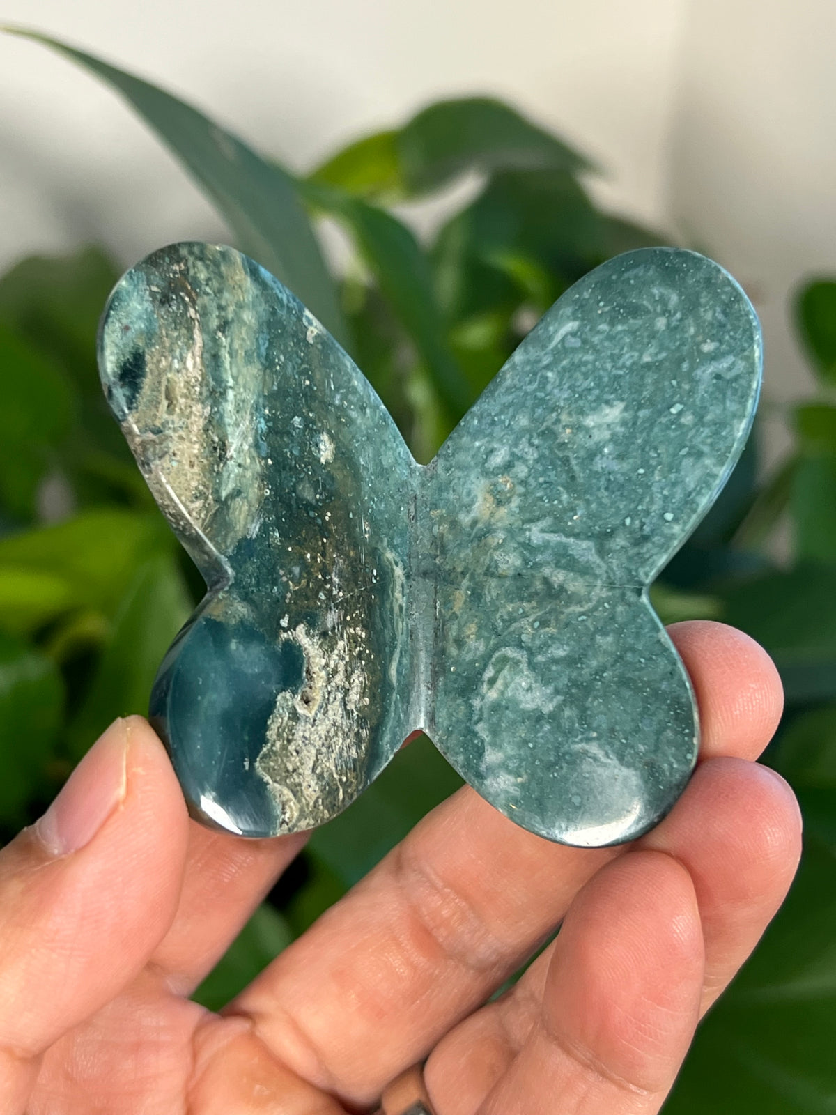 Blue Green Jasper 3D Heart Butterflies