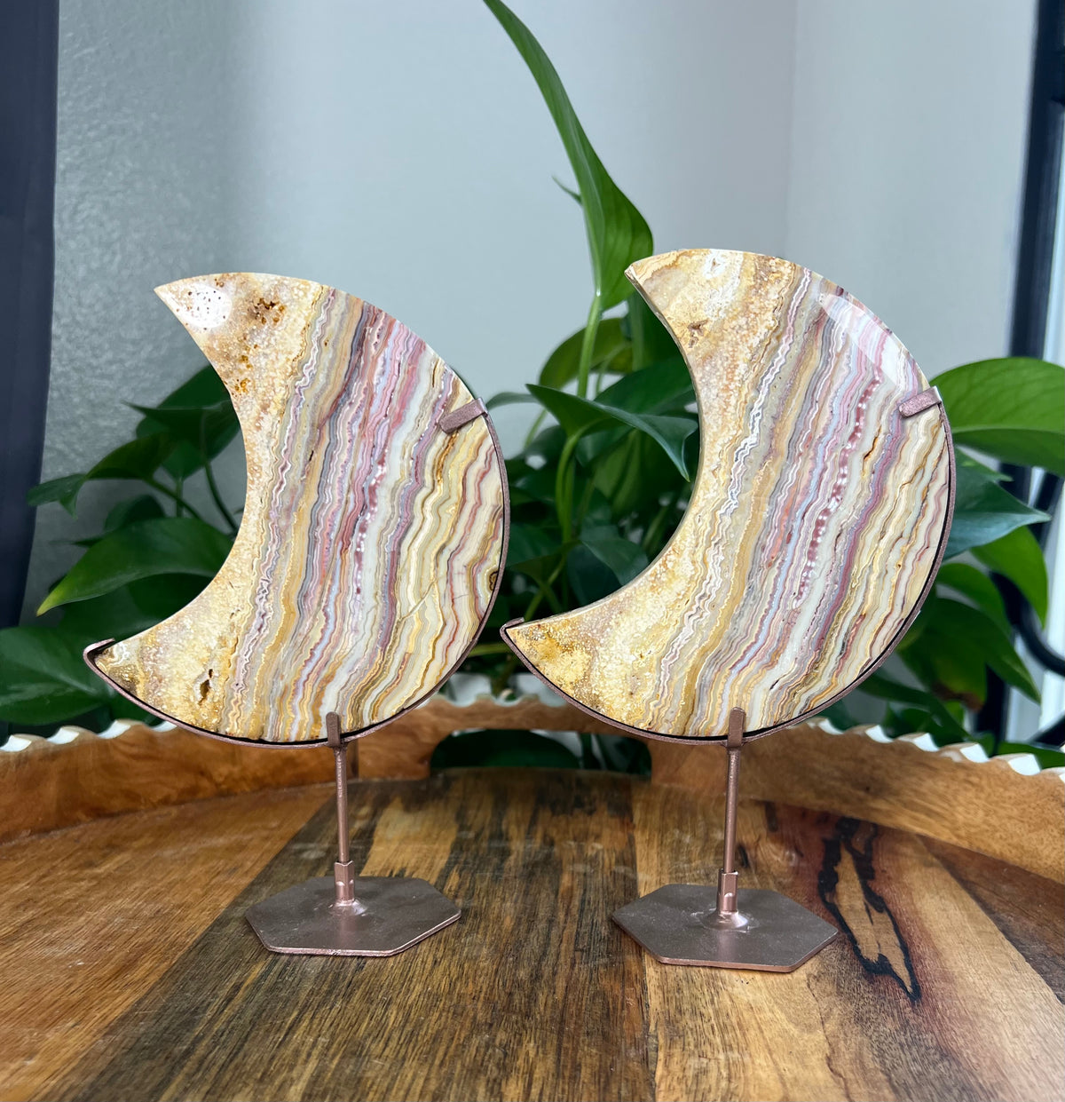 Crazy Lace Agate On Metal Stand Large Moons