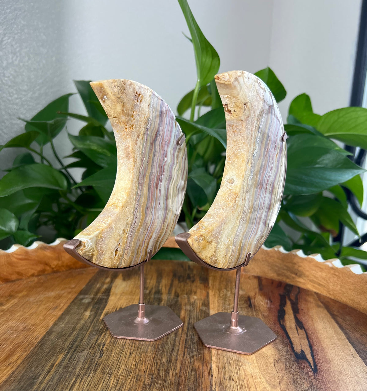 Crazy Lace Agate On Metal Stand Large Moons
