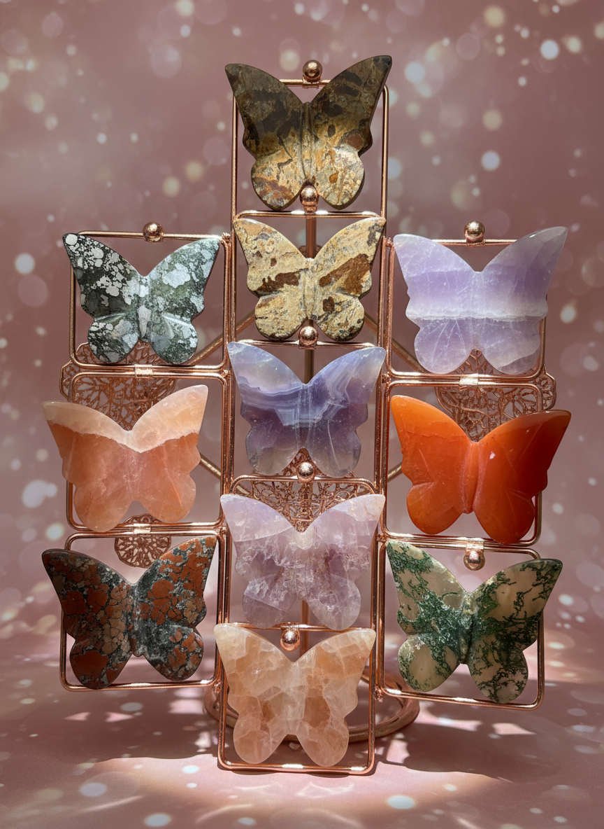 use 3d butterfly shape from oakandquartz.com, pink and rose gold touches to background, 3d butterflies material incluse marcasite, palm root, rainbow plume, carnelian, pink carnelian, purple chalcedony, bracciated jasper, scenic moss agate